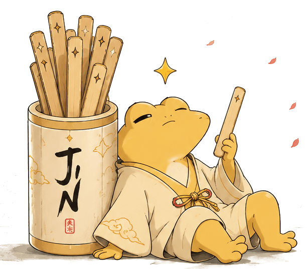 Jin, a golden frog, leaning against his fortune-stick vessel