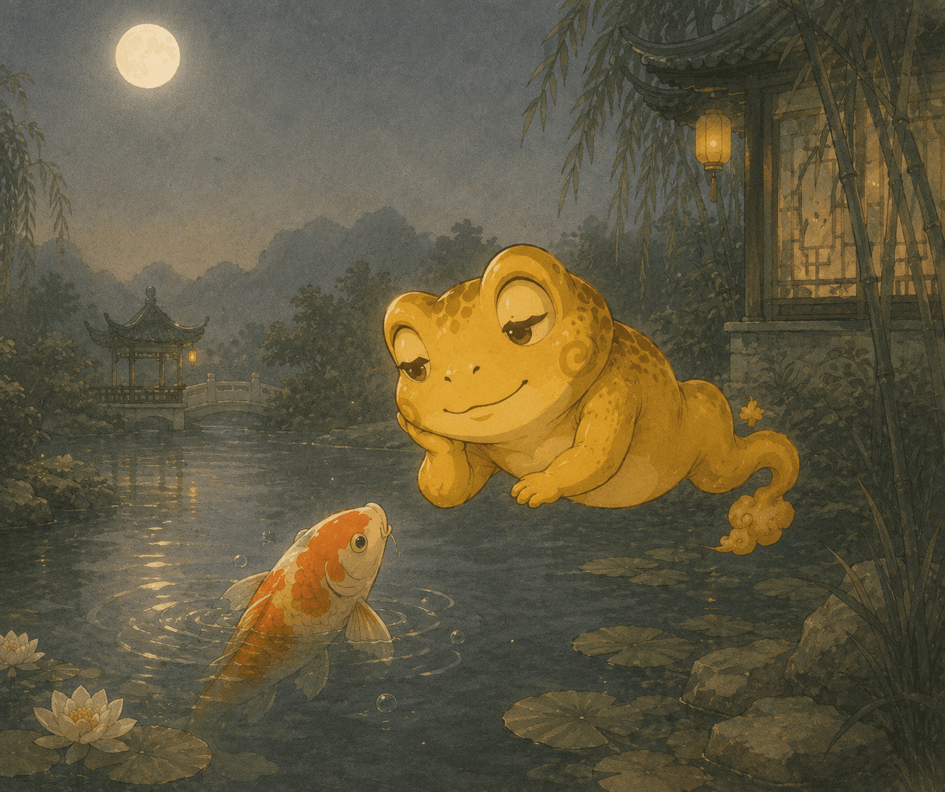 Jin by the moonlit koi pond