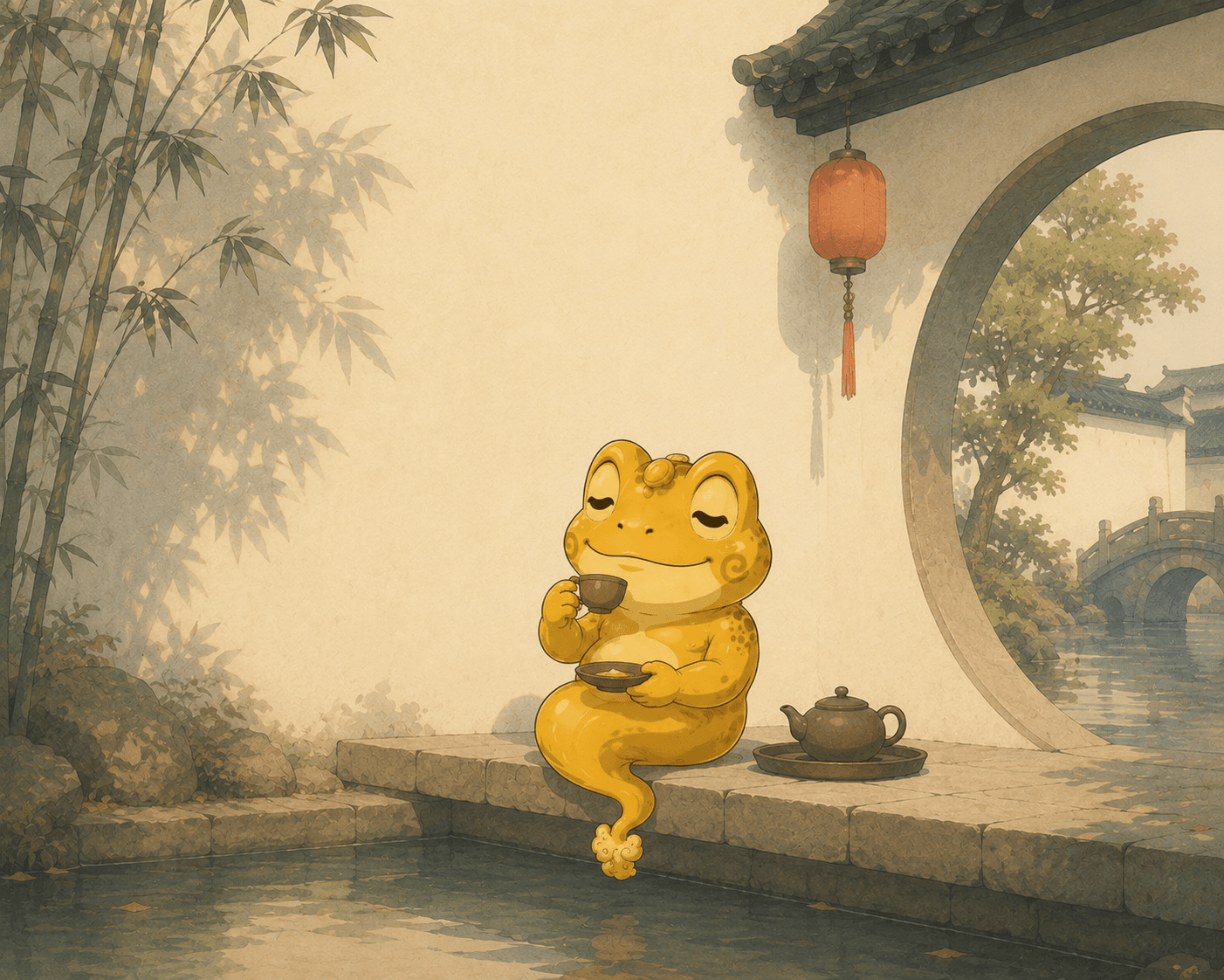 Jin drinking tea by a moon gate